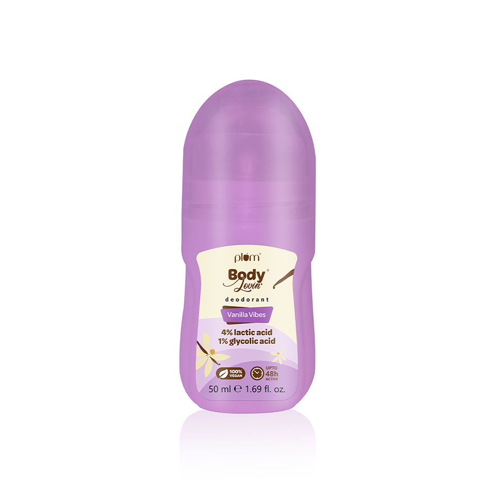 Plum BodyLovin' Vanilla Vibes Deodorant Roll On | 4% Lactic Acid & 1% Glycolic Acid | Controls Odor & Fades Underarm Darkness | 48 Hr Freshness| Warm Vanilla Fragrance | Aluminium-Free (50 ml)